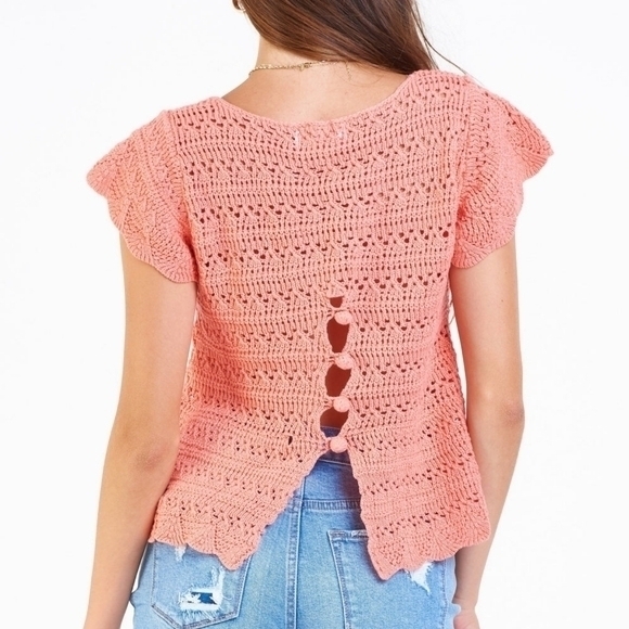 Dear John Coral Cotton Knit Raegan Pointelle Crochet Detail Sweater Koi Fusion - Picture 3 of 13